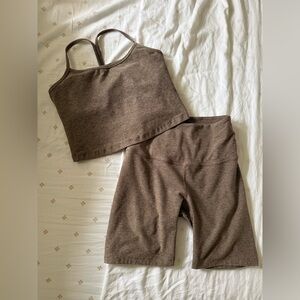 Beyond Yoga Spacedye Set Slim Racerback Tank Biker Short in Mocha & Latte Small